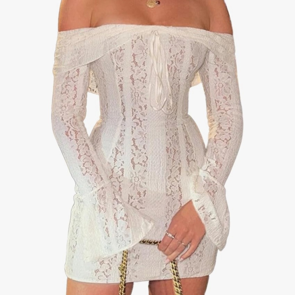 Off The Shoulder Lace Bodycon Mini Dress, Bell Long Sleeve. Size S. Brand New